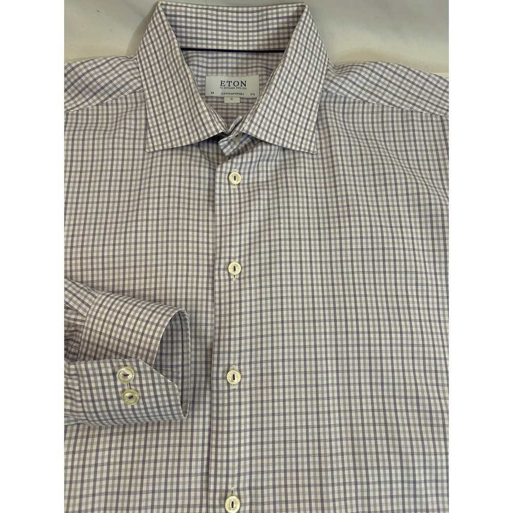 Eton Dress Shirt Mens 17.5 Contemporary Oxford Tattersall Long Sleeve Purple